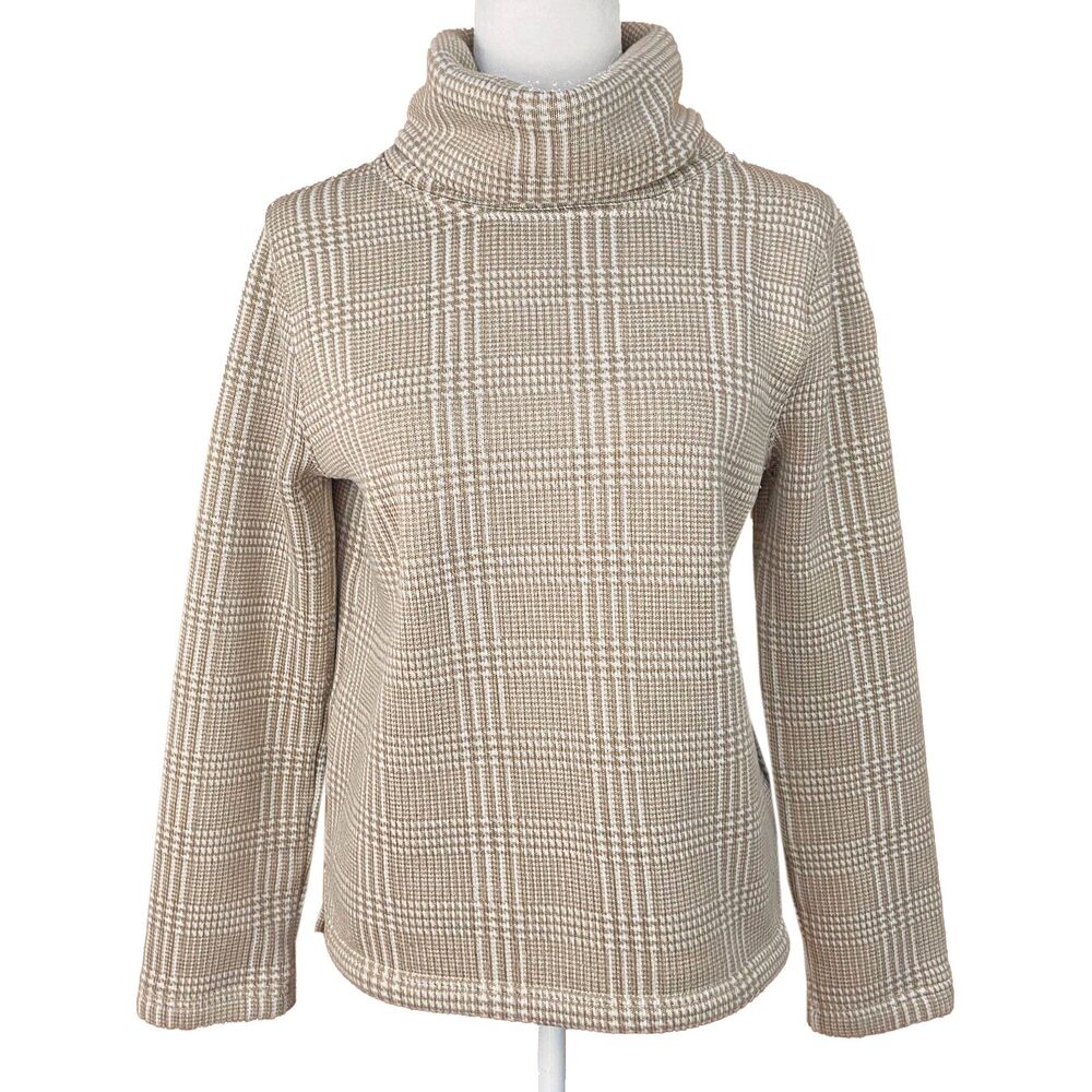 J Crew Women's Long Sleeve Funnelneck Sweater Size M Camel Ivory Plaid Fleece